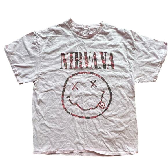 NIRVANA x Womens Light Pale Pink Band Graphic Tee 90s Y2K Grunge Emo l Size XL - Picture 1 of 6